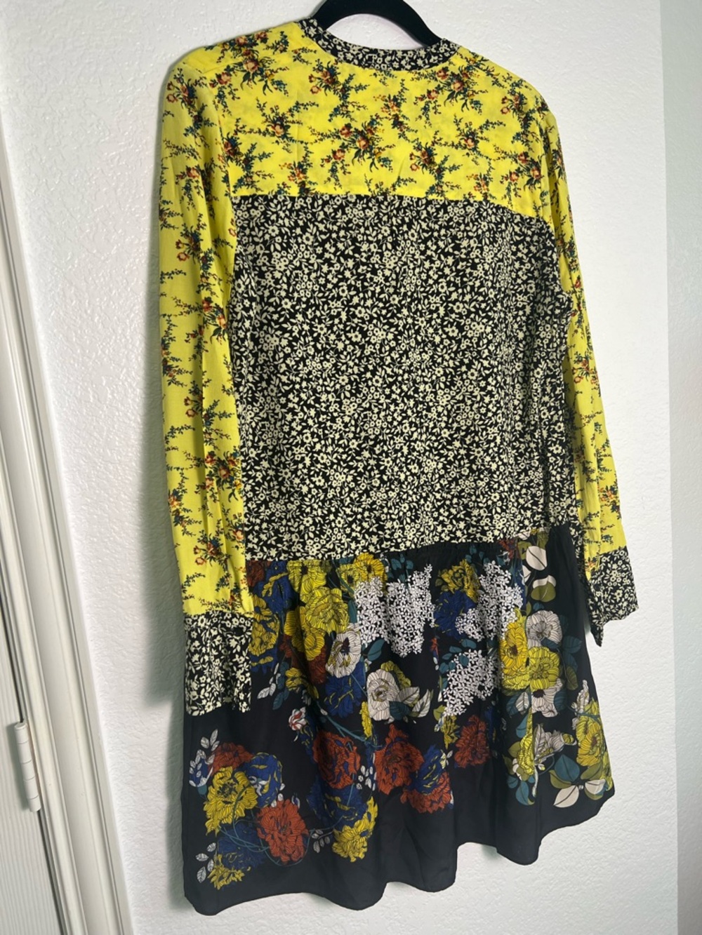 Sandro Floral Patchwork Mini Dress Yellow Black Long Sleeve Boho Size 2 - Picture 13 of 13